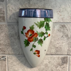Antique Japanese Lusterware Wall Pocket Vase, 1920s Art Deco Orange Poppy Cobalt Blue Porcelain Wall Planter, Hand Painted Made in Japan