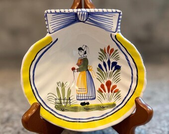 Vintage Henriot Quimper Spoon Rest, Hand-Painted Breton Woman Faience Pottery