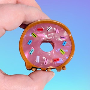 Hair Claw - Cute Donut Pink Strawberry Frosted with Sprinkles Breakfast Lover Novelty Acrylic Small Hair Clip