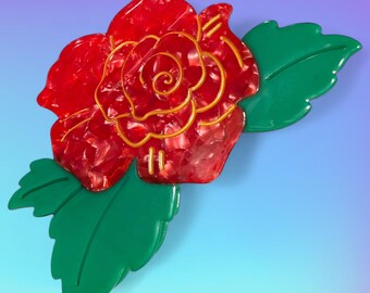 Red Rose Flower Floral Statement Acrylic Acetate Hair Claw Clip.