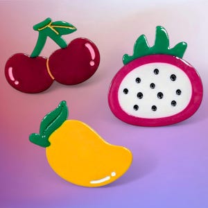 Cute Fruit Acrylic Barrette Hair Clips - Set of 3 - Mango, Cherries, Cherry, Dragon Fruit, Pitaya