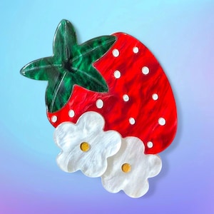 Sweet Marbled Red Strawberry with White and Yellow Flowers Laser Cut Acrylic Pin Brooch