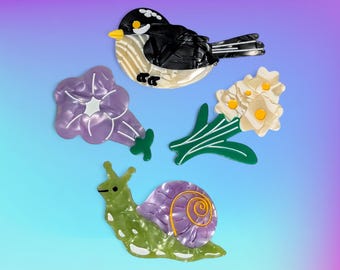 Acrylic Garden Friends Hair Clip – Snail, Bird, Flower Barrettes (1pc)