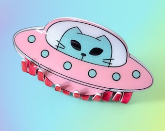 Alien Cat UFO Space Kitty Fun Conversation Piece Acrylic Hair Claw Hair Clip in Pink and Green.