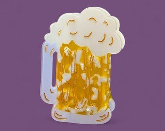 Hair Claw - Fun Foaming Cold Beer Mug Stein Golden Acrylic Statement Hair Clip