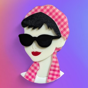 Lady in Pink Checkered Headscarf and Sunglasses Vintage Inspired Acrylic Pin Brooch
