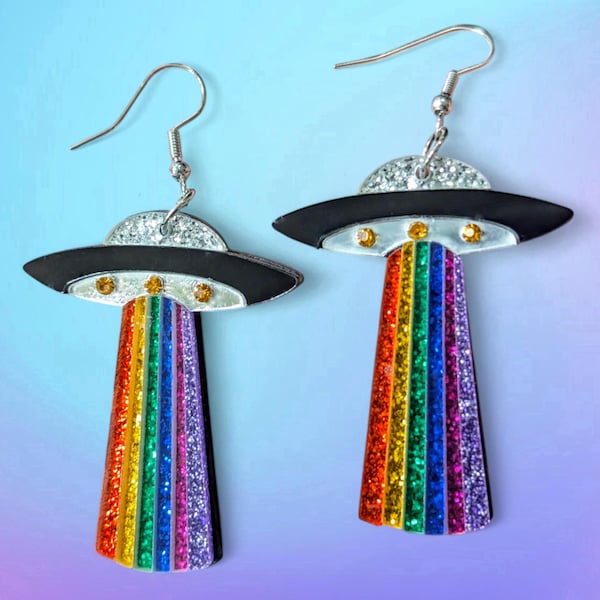 Glitter Rainbow UFO Earrings, Acrylic Alien Spaceship Party Jewely, Pride Month Accessories