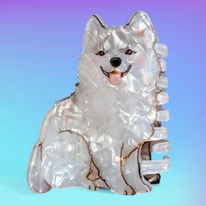 Hair Claw - Cute Husky Malamute Samoyed Kawaii Puppy Dog Lover Statement Acrylic Hair Clip.