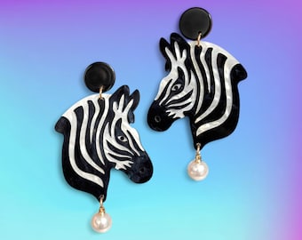 Black and White Zebra Safari Animal Acrylic Statement Earrings