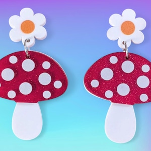 Red and White Amanita Mushroom with Daisy Flowers Laser Cut Acrylic Earrings