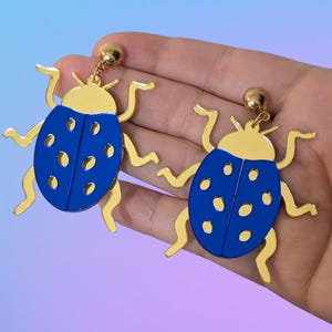 Blue and Gold Beetle Insect Bug Mirror Mirrored Acrylic Laser Cut Earrings