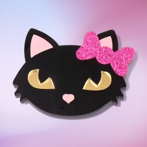 Black Cat Wearing Pink Glitter Bow Halloween Cat Laser Cut Acrylic Pin Brooch