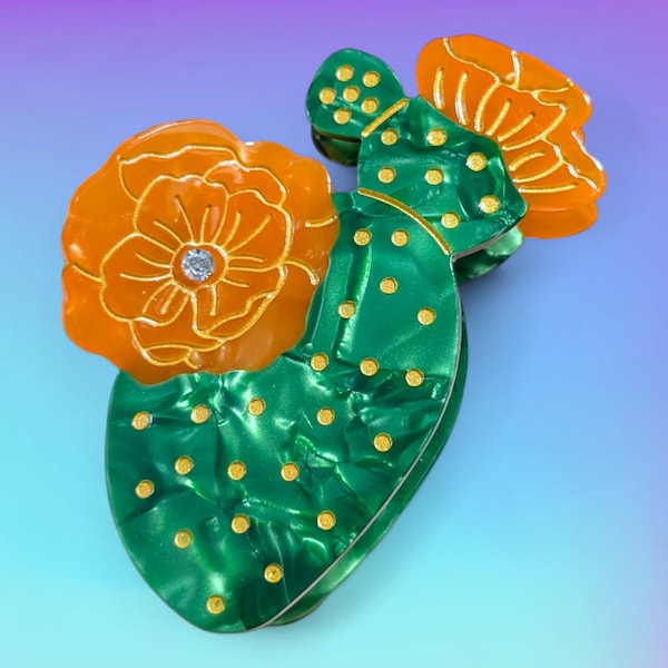 Hair Claw - Flowering Prickly Pear Cactus Southwestern Green and Orange Acrylic Hair Clip.