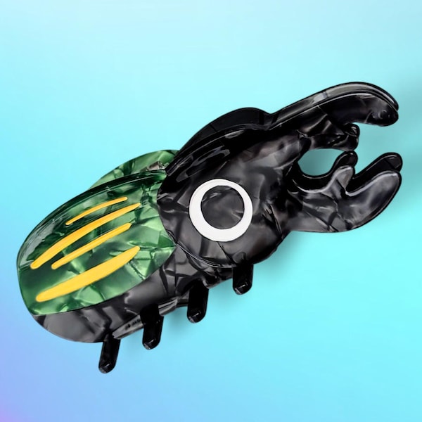 Stag Beetle Black and Green Insect Statement Acrylic Hair Clip.