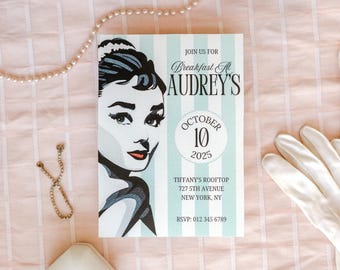 Audrey Hepburn Geburtstagsbrunch-Einladung | Frühstück bei Tiffany's bearbeitbar einladen | Hollywood Icon Paris Party