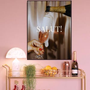 Retro Salut Cheers Art Print-Preppy Bar Cart Art Decor-Trendy Bar Art-Aesthetic Girly Bar Cart Art-Cocktail Art-Retro Bar Printable Wall Art