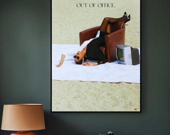 May include: A framed art print with the text "OUT OF OFFICE." features a person in sunglasses reclining in a brown chair. A vintage television sits nearby. A pink lamp and record player are in the foreground.
