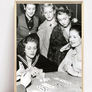 Women Playing Cards Wall Art, Vintage Black and White Photo Print, Retro Aesthetic, Instant Digital Download Poster