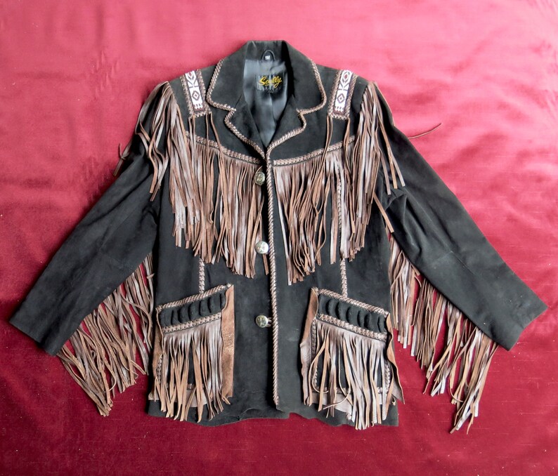 Black Fringe Jacket Western Suede Beaded Men S 44