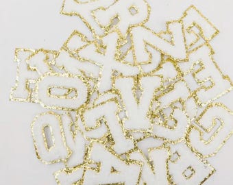 White with Gold Glitter Chenille Letters Patches - Iron-on/Sew-on DIY Patches for Clothing, Hats, Bags