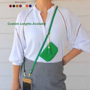 Genuine Leather Phone Strap with Pouch | Crossbody Lanyard Lightweight | Personalized Name Text, Mother Gift