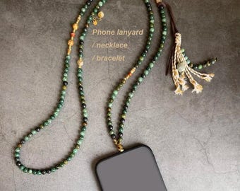 Telefoonkoord met natuursteenkralen: schouderriem, meerlaagse kettingarmband, Afrikaans turkoois, moedercadeau