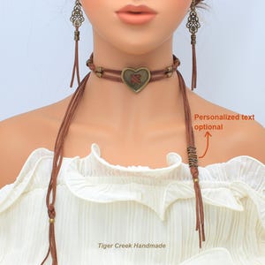 Vintage Bronze Heart Suede Braided Choker, Custom Name Personalized Adjustable Necklace, Suede Earring, boho Western Handmade Gift for her