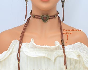 Bronze Heart Suede Choker: Personalized Boho Western Braided Necklace