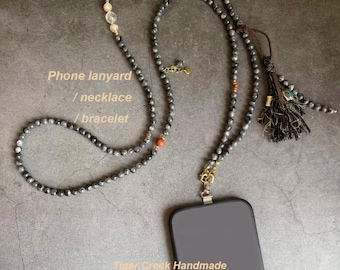 Telefonrem med naturstenspärlor: Boho axelrem med ädelsten, halsband i flera lager