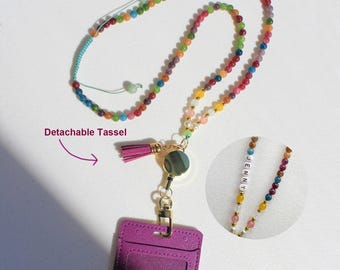 Tourmaline Beaded Lanyard, ID Holder, Gemstone office Jewelry, Retractable Badge Reel, Keychain, Teacher [6mmPurple]