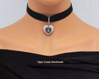 Black Velvet Choker Necklace: Solid White Czech Glass Heart Pendant, Handmade Valentine Gift
