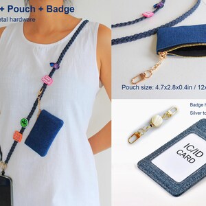 May include: A dark blue braided lanyard with gold-toned hardware, a small denim pouch, and a denim badge holder labeled IC/ID CARD. The pouch measures 4.7x2.8x0.4 inches. Includes a retractable reel and a silver-toned badge holder ring.