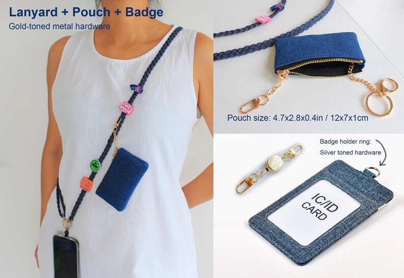 May include: A dark blue braided lanyard with gold-toned hardware, a small denim pouch, and a denim badge holder labeled IC/ID CARD. The pouch measures 4.7x2.8x0.4 inches. Includes a retractable reel and a silver-toned badge holder ring.