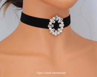 Black Velvet Choker Necklace: White Zircon Victorian Ribbon Chunky Choker