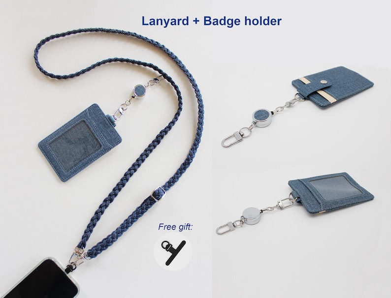 May include: A blue braided lanyard with a badge holder and a retractable reel. The set includes a card holder with a clear window and a metal clip. Text on the image reads Lanyard + Badge holder and Free gift with a small icon of a clip.