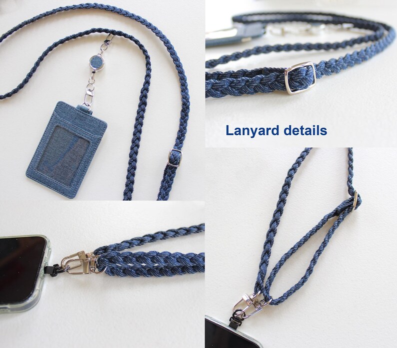 May include: A dark blue braided lanyard featuring a matching denim-textured ID card holder and a retractable reel. The strap includes a silver-toned metal slider for length adjustment and a swivel clasp for attaching to a mobile phone case.