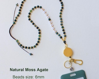 Moss Agate Lanyard Necklace, ID Holder, beaded office Jewelry, Retractable Badge Reel, Keychain, Teacher
