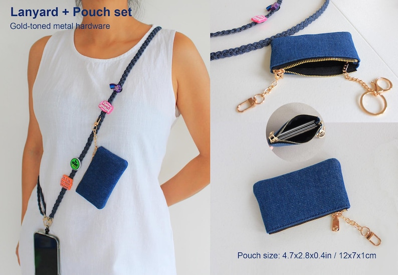 May include: A dark blue braided lanyard and denim pouch set with gold-toned metal hardware. The lanyard features colorful charms and a phone attachment. The pouch measures 4.7x2.8x0.4 inches and includes a zipper closure and a key ring.