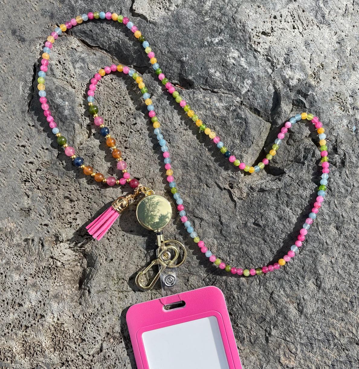 Stone Beaded ID Holder Lanyard, Office Jewelry, Retractable Badge Reel Keychain, Teacher, Rainbow [4mmPink]