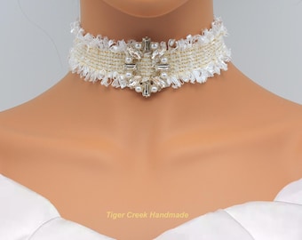 White Boucle Fabric Choker: Rhinestone Bridal Necklace, Coco Style, White Shirt Handmade Jewelry