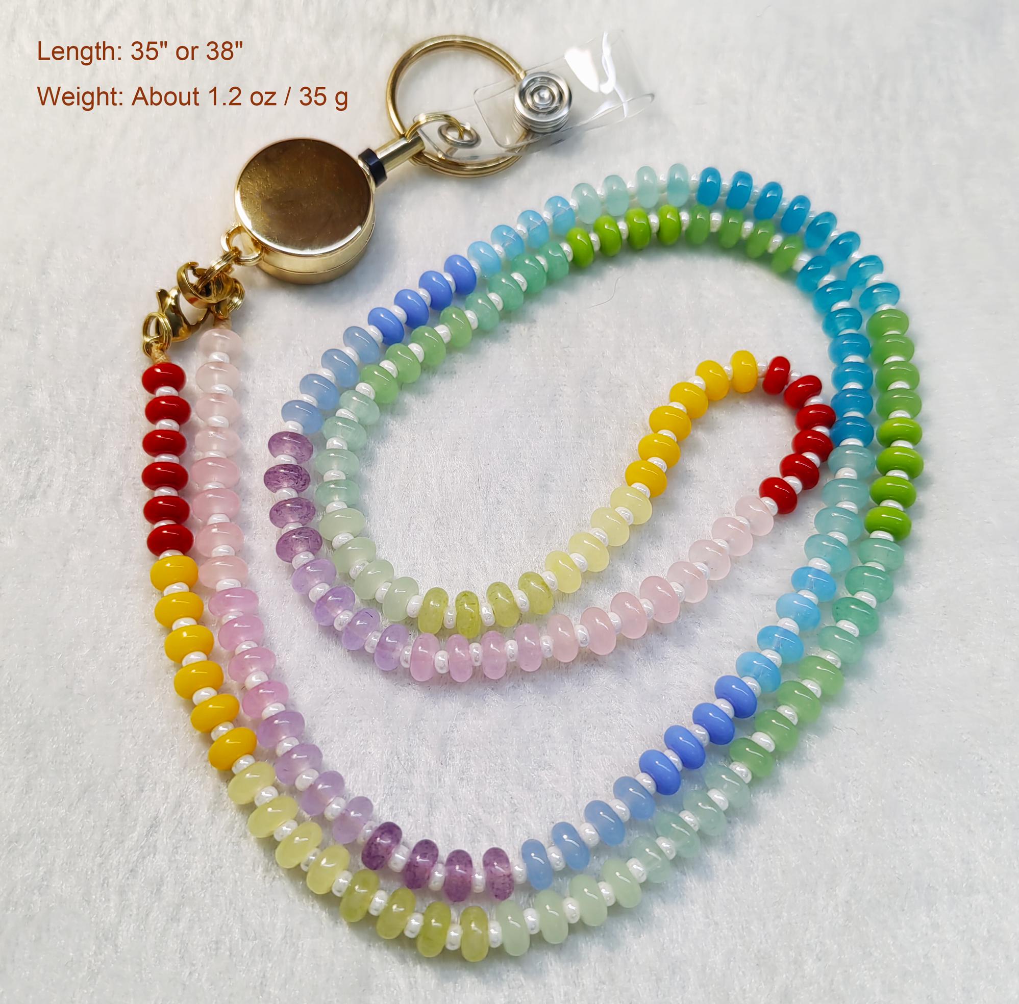 Rainbow Glass Beaded Lanyard Necklace, Retractable Reel, Badge Holder, Breakaway, Teacher, Nurse, Gift, School