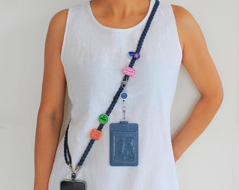 Adjustable Denim Phone Lanyard ID holder, Crossbody Strap, Teacher Personalized Letter Charms, Retractable Reel