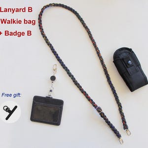 May include: A braided lanyard with red and orange accents, a black walkie-talkie pouch, and a black badge holder with a retractable reel. Text reads: Lanyard B + Walkie bag + Badge B. A circular icon shows a black strap with the text Free gift.