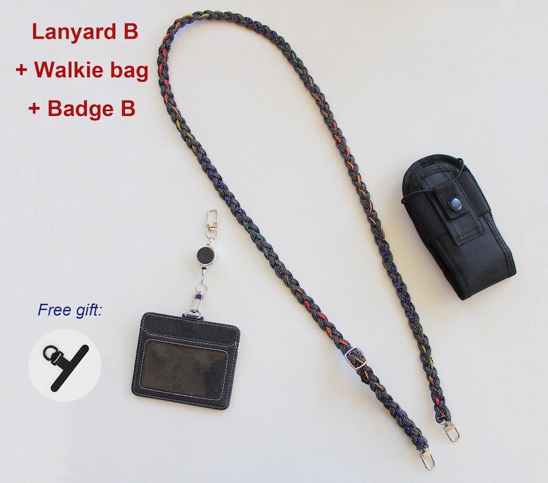 May include: A braided lanyard with red and orange accents, a black walkie-talkie pouch, and a black badge holder with a retractable reel. Text reads: Lanyard B + Walkie bag + Badge B. A circular icon shows a black strap with the text Free gift.