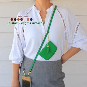 Genuine Leather Phone Strap with Pouch | Crossbody Lanyard Lightweight | Personalized Name Text, Mother Gift