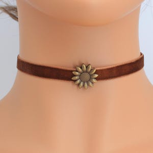 Velvet Sunflower Choker: Bronze Floral Slider, Handmade Jewelry