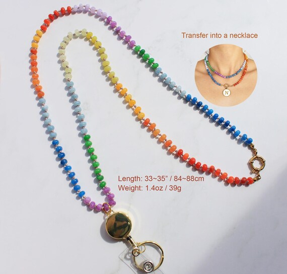 Rainbow Stone Beaded Lanyard Necklace, Badge Holder, Retractable Reel, Hand knotted, Teacher Gift