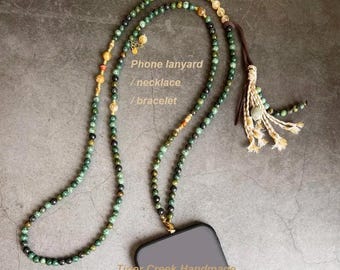 Natural Stone Beaded Phone Lanyard: Crossbody Strap, Multi-layer Necklace Bracelet, African Turquoise, Mother gift