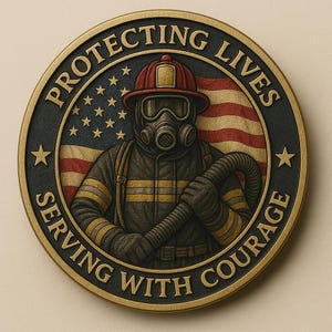 May include: A gold-coloured round coin featuring a firefighter wearing a gas mask, with a US flag in the background. The coin is inscribed with the words "Protecting Lives Serving With Courage" around the edge.