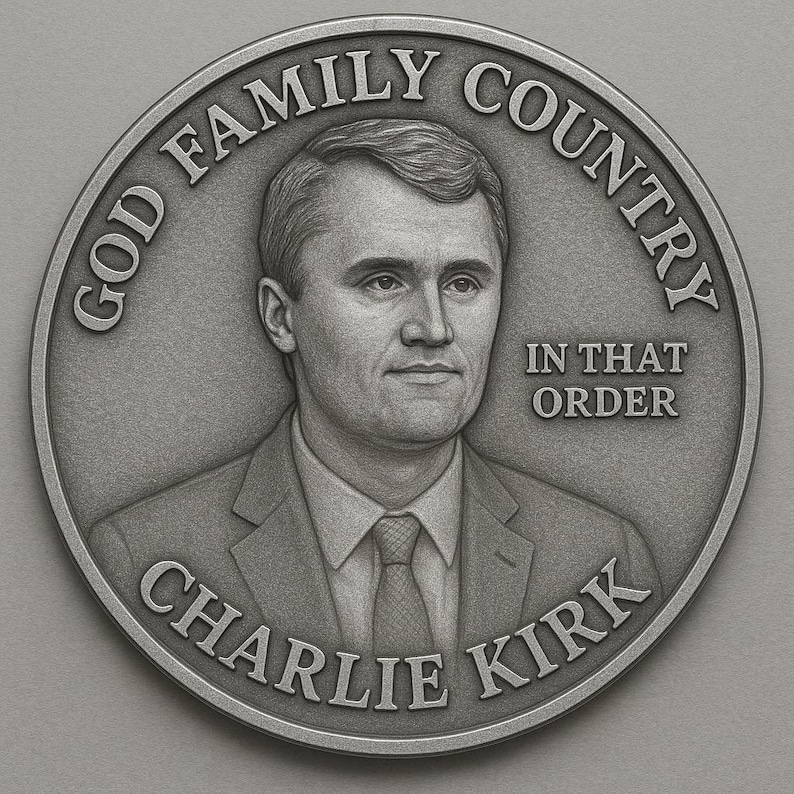 May include: A silver-colored coin featuring a portrait of Charlie Kirk. The coin's edge is inscribed with "GOD FAMILY COUNTRY" and "IN THAT ORDER" and "CHARLIE KIRK". The coin has a detailed, embossed design.